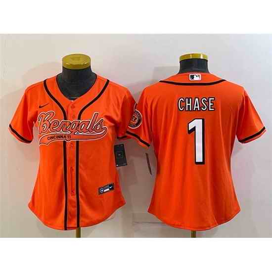 Women Cincinnati Bengals 1 Ja 27Marr Chase Orange With Patch Cool Base Stitched Baseball Jersey